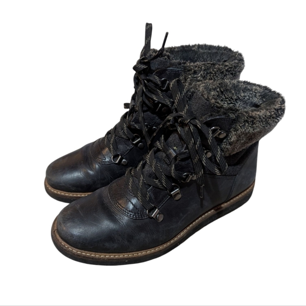 Clarks Glick Clarmont Black Leather Ankle Boots Faux Fur 8 M
